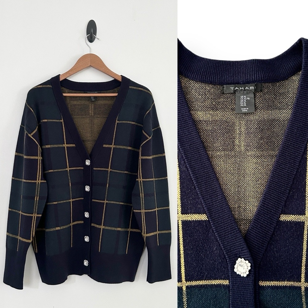 Tahari Women's XL Blue Green Multicolor Plaid 3/4 Sleeves Rhinestone Cardigan